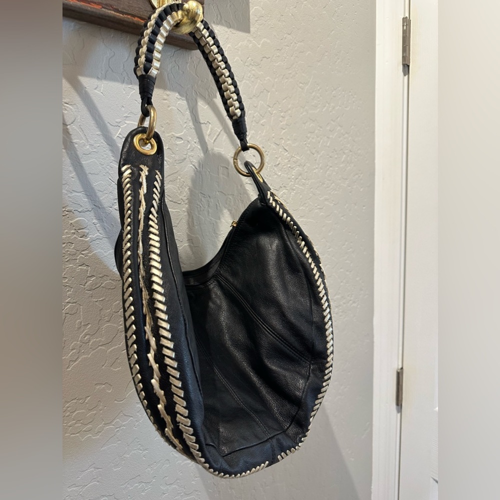 Berge black leather purse made in Italy fun unique woven straps